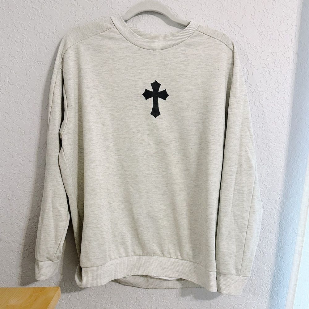 SHEIN Light Gray Crewneck Sweater with Black Cross